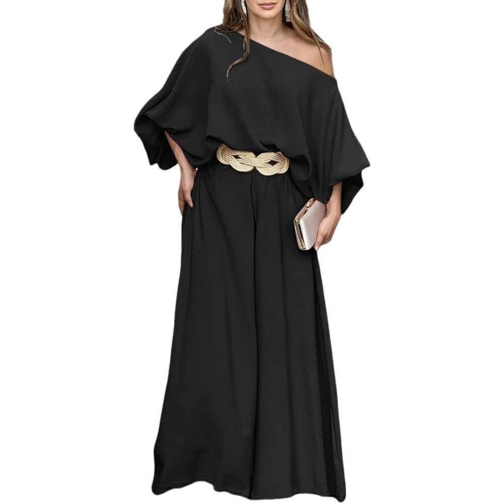 Women Summer Two-Piece Set Off Shoulder Lantern Sleeves Wide Leg Pants